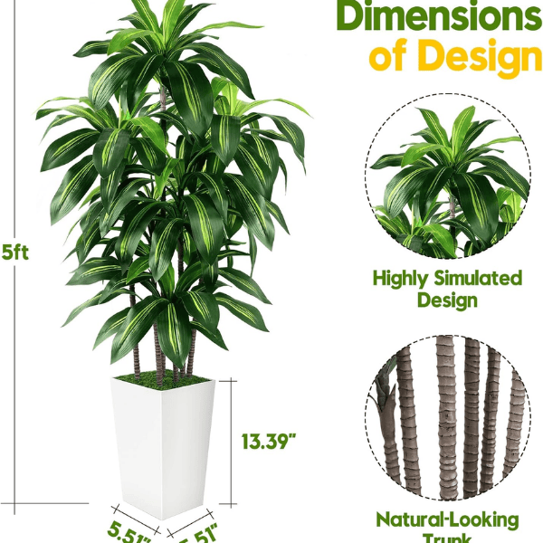 5FT Artificial Dracaena Tree with White Planter
